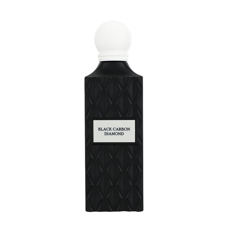 Black textured Black Carbon Diamond perfume bottle with a white round cap and a centered nameplate.