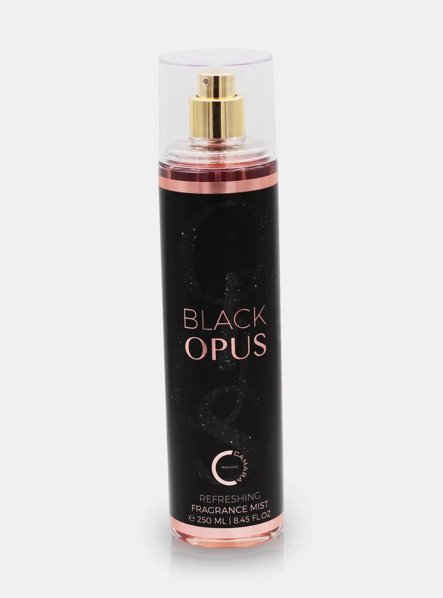 Camara Black Opus Refreshing Fragrance Mist with a transparent cap and sleek black body. The front label displays "Black Opus" in rose-gold text, with additional details about the product size and type at the bottom. This fragrance mist has an elegant and luxurious design, ideal for those seeking a refined and stylish scent experience.
