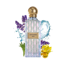 The image shows a clear, faceted glass perfume bottle with a gold cap and a label that reads "BLUE DIAMOND AQUA." The bottle is surrounded by visual elements that evoke the scent's character: sprigs of purple lavender on the left, splashing water droplets around the bottle, and yellow ylang-ylang flowers on the right. The overall presentation suggests a fresh, aquatic, and floral fragrance, with a luxurious and clean aesthetic emphasized by the white background.