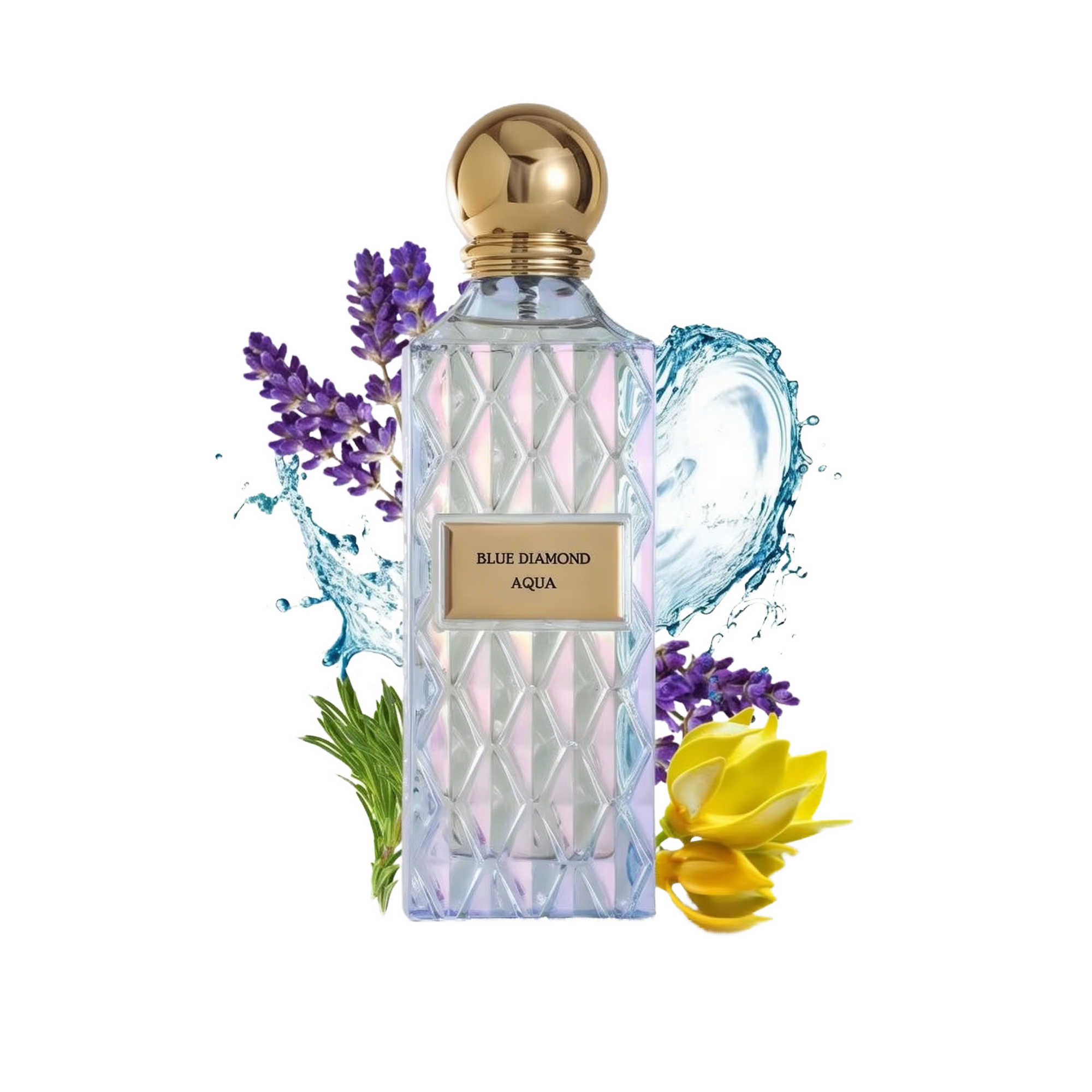 The image shows a clear, faceted glass perfume bottle with a gold cap and a label that reads "BLUE DIAMOND AQUA." The bottle is surrounded by visual elements that evoke the scent's character: sprigs of purple lavender on the left, splashing water droplets around the bottle, and yellow ylang-ylang flowers on the right. The overall presentation suggests a fresh, aquatic, and floral fragrance, with a luxurious and clean aesthetic emphasized by the white background.