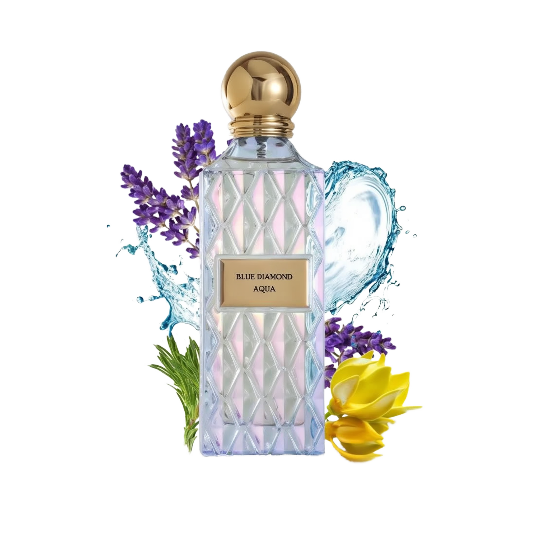 The image shows a clear, faceted glass perfume bottle with a gold cap and a label that reads "BLUE DIAMOND AQUA." The bottle is surrounded by visual elements that evoke the scent's character: sprigs of purple lavender on the left, splashing water droplets around the bottle, and yellow ylang-ylang flowers on the right. The overall presentation suggests a fresh, aquatic, and floral fragrance, with a luxurious and clean aesthetic emphasized by the white background.