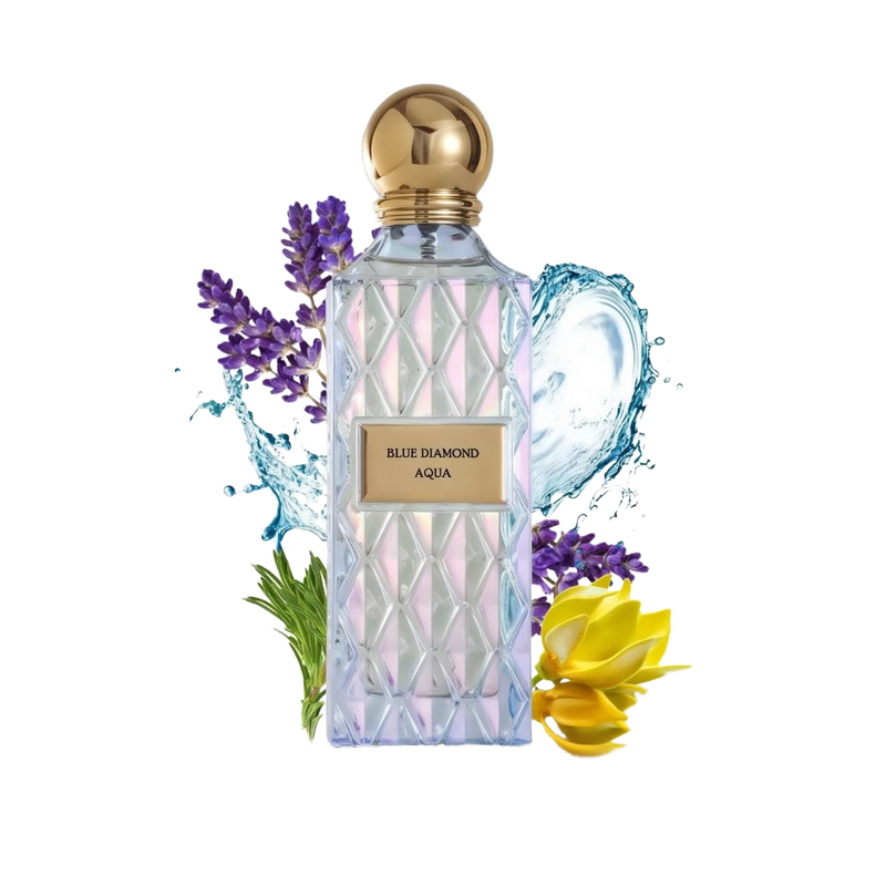 The image shows a clear, faceted glass perfume bottle with a gold cap and a label that reads "BLUE DIAMOND AQUA." The bottle is surrounded by visual elements that evoke the scent's character: sprigs of purple lavender on the left, splashing water droplets around the bottle, and yellow ylang-ylang flowers on the right. The overall presentation suggests a fresh, aquatic, and floral fragrance, with a luxurious and clean aesthetic emphasized by the white background.