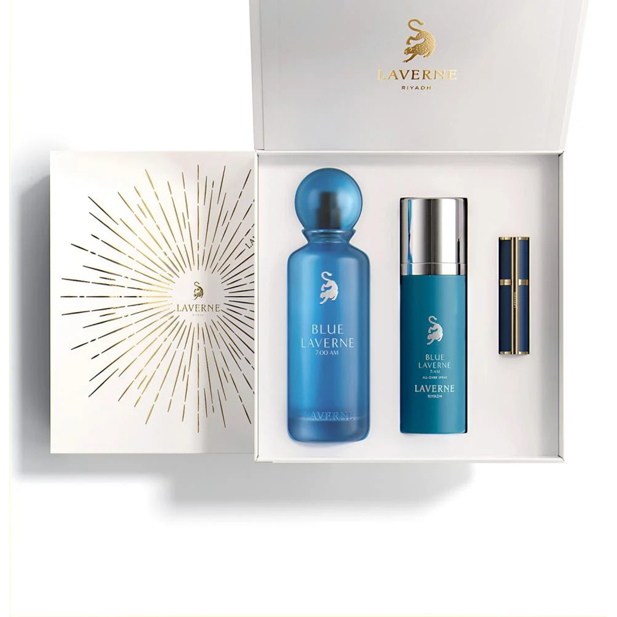 Blue Laverne 7 AM gift set with a blue perfume bottle, body spray, and travel vial displayed in an open white box.