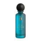 Teal blue frosted Blue Laverne Bakhur perfume bottle with black rounded cap.