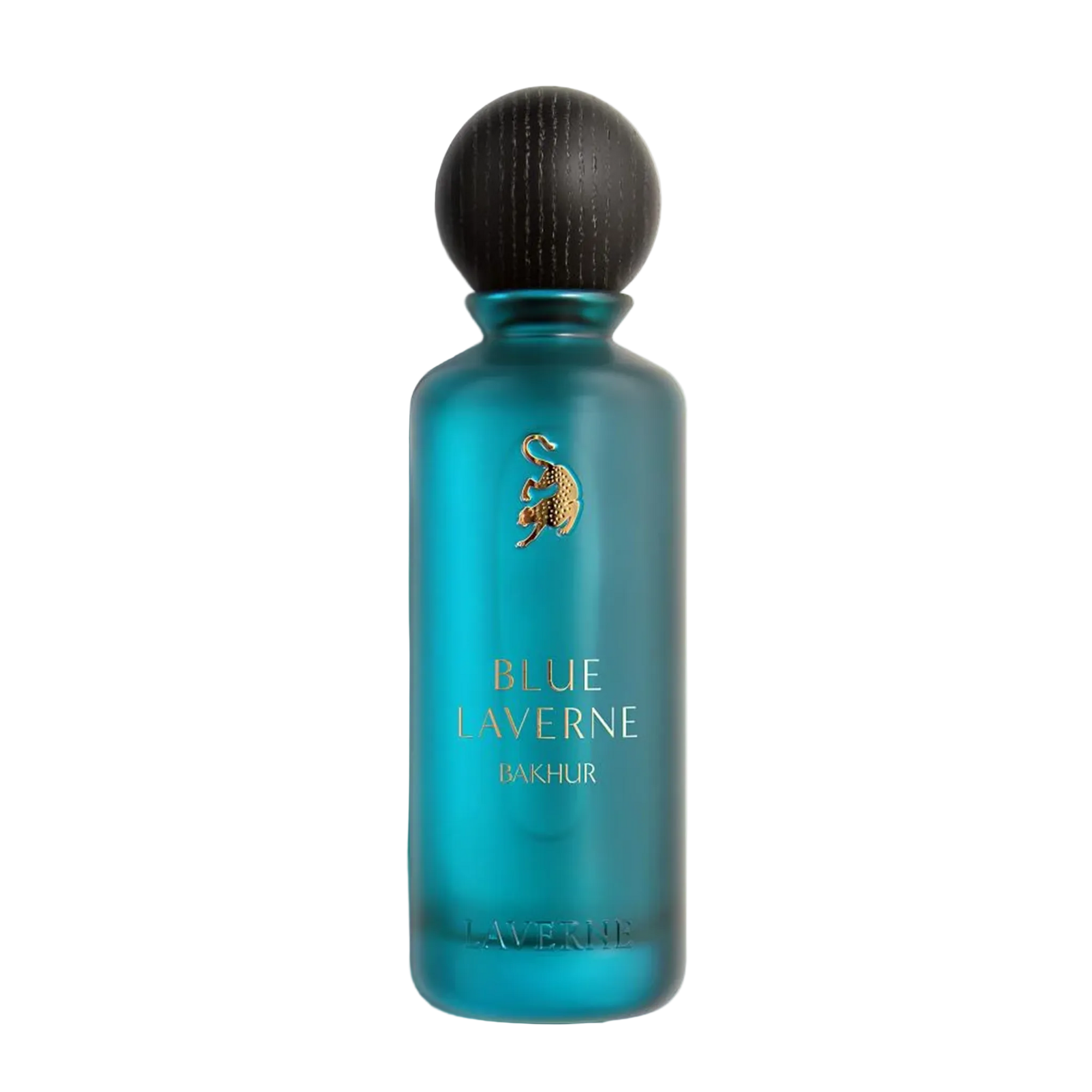 Teal blue frosted Blue Laverne Bakhur perfume bottle with black rounded cap.