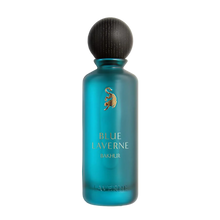 Teal blue frosted Blue Laverne Bakhur perfume bottle with black rounded cap.
