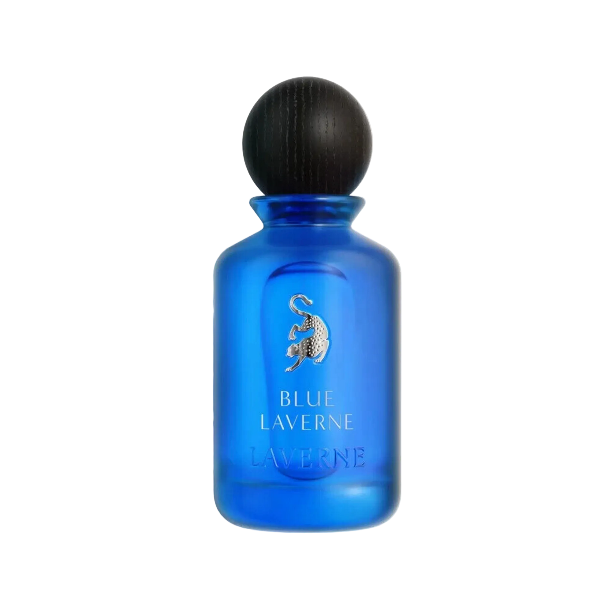 Cobalt blue frosted Blue Laverne perfume bottle with black rounded cap.