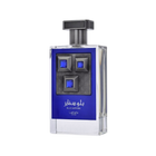 Lattafa Pride Blue Sapphire perfume bottle featuring a dark blue label, clear glass, and a prominent gunmetal plate with three blue square gems.lattafa-pride-blue-sapphire-perfume-bottle.jpg