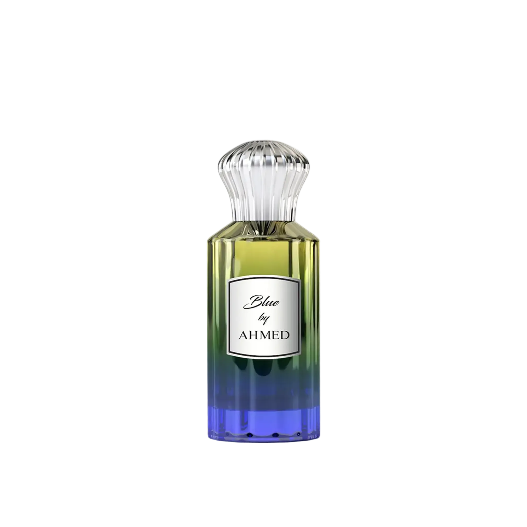 Blue by Ahmed perfume bottle featuring a tall glass design with a green-to-deep-blue finish, a clear ribbed cap, and a white label on the front.