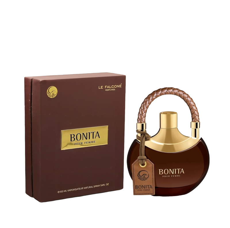 A round, deep-brown glass perfume bottle labeled “Bonita Pour Femme” with a golden top and braided brown handle, featuring a matching brown hangtag, sits beside a chocolate-brown rectangular box adorned with a gold label reading “Bonita Pour Femme” by Le Falcone Perfumes.