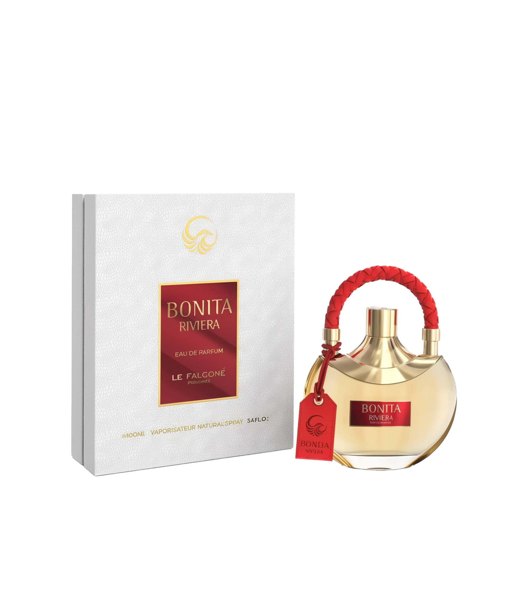 Bonita Riviera Eau de Parfum by Le Falcone, a luxurious perfume bottle with a gold finish and a red braided handle, accompanied by an elegant white and gold packaging box. The bottle features a red label with gold lettering and a matching red tag.