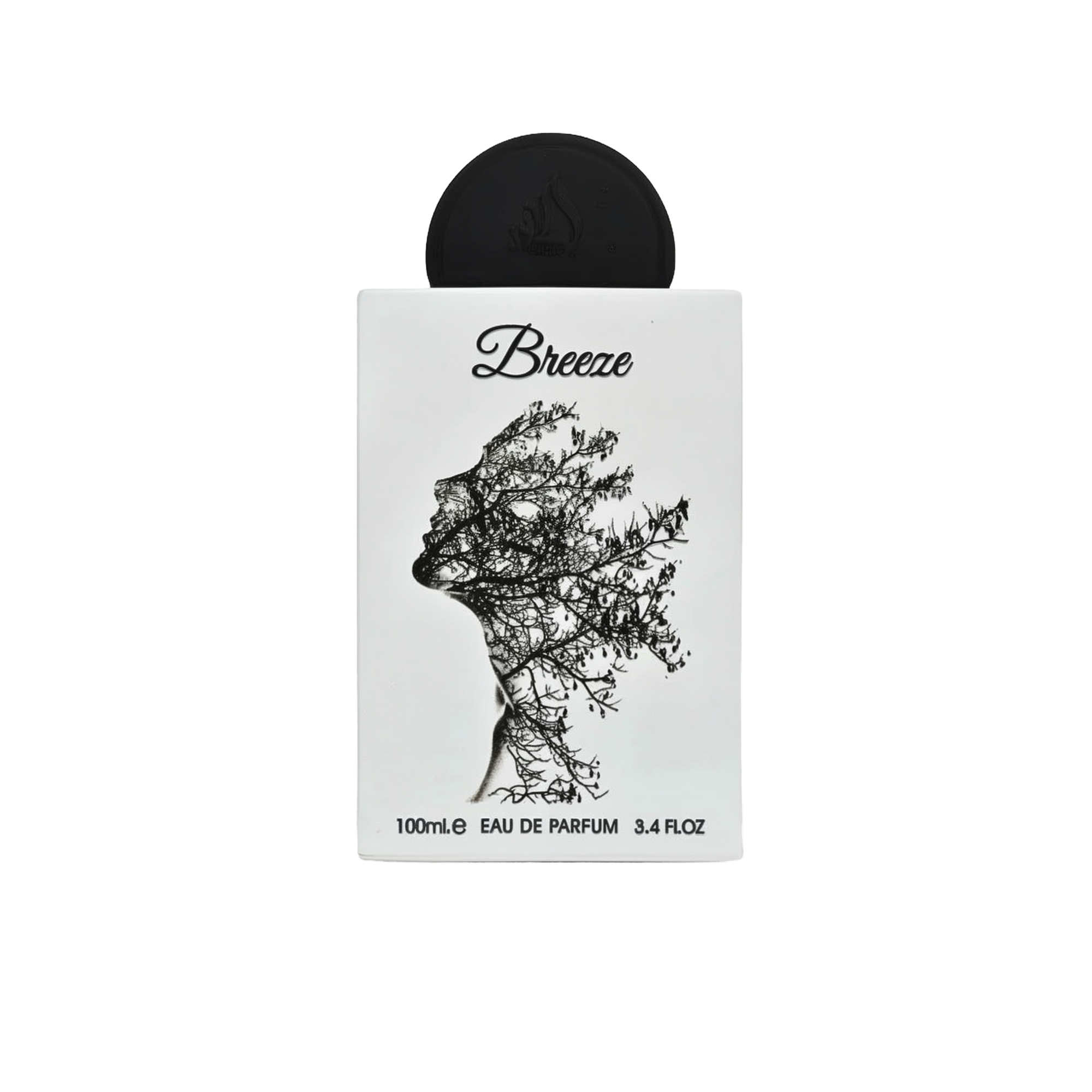 The image displays a perfume package named "Breeze" by Lattafa. The box is white and features an artistic silhouette of a woman's profile composed of tree branches, embodying the name "Breeze." Above the silhouette is the product name in a simple, modern 