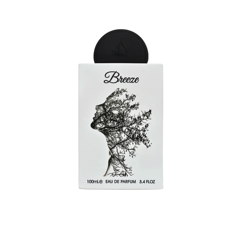 The image displays a perfume package named "Breeze" by Lattafa. The box is white and features an artistic silhouette of a woman's profile composed of tree branches, embodying the name "Breeze." Above the silhouette is the product name in a simple, modern 