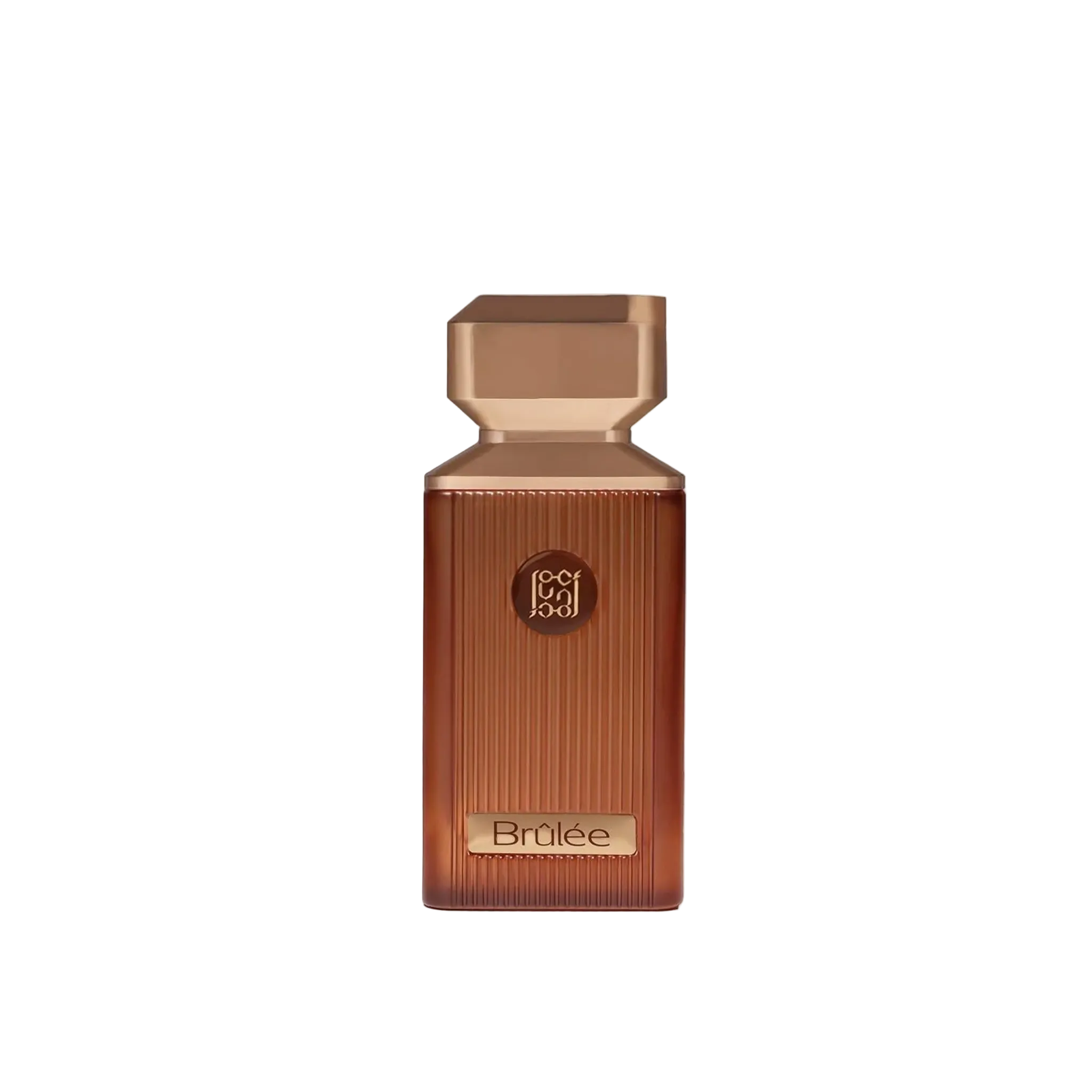 Brûlée perfume in a warm amber ribbed glass bottle with a geometric rose-gold cap, presented on a clean white background.