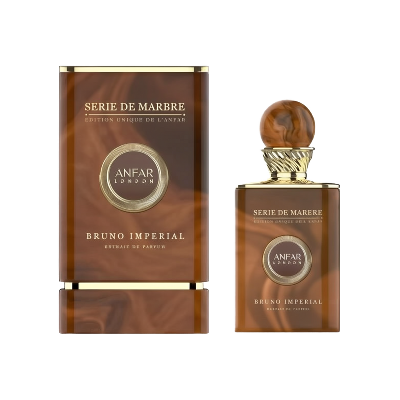 A rectangular, marble-patterned brown perfume bottle with gold accents and a matching round cap, shown next to a similarly styled box labeled “Serie de Marbre Bruno Imperial Extrait de Parfum” by Anfar London.