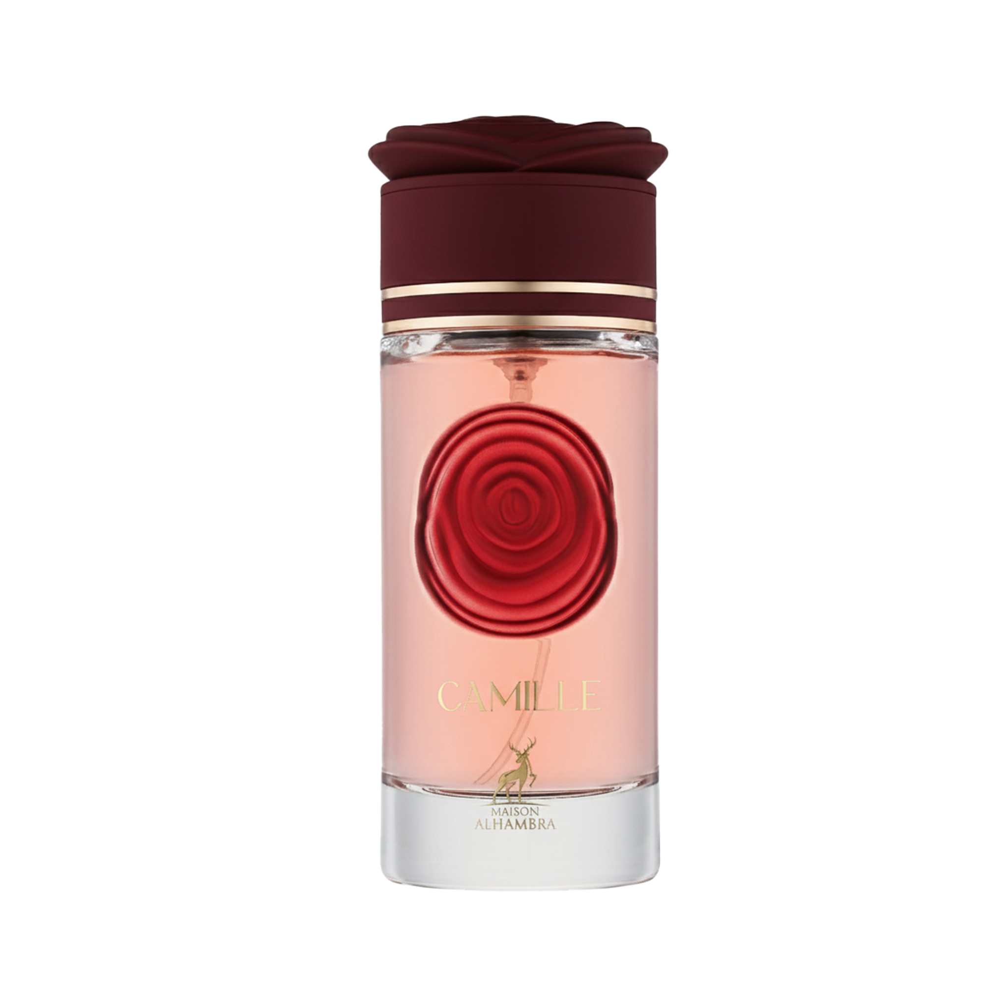 Elegant perfume bottle of Maison Alhambra Camille with rose-shaped detail and pink fragrance liquid.