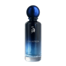 Deep blue Champion perfume bottle by Laverne with glossy rounded cap.