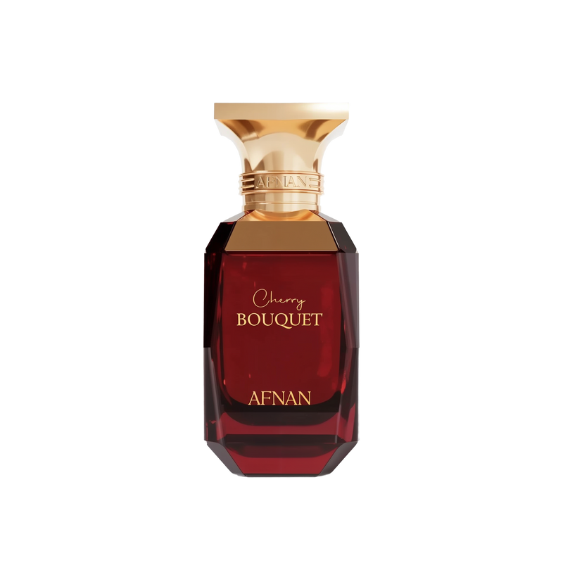 The image shows a perfume bottle named "Cherry Bouquet" by Afnan. The bottle is designed with a dark red, gem-like, faceted body and a gold-toned cap. The text "Cherry Bouquet" is written in elegant script, and the brand name "Afnan" is displayed in capital letters near the bottom of the bottle.