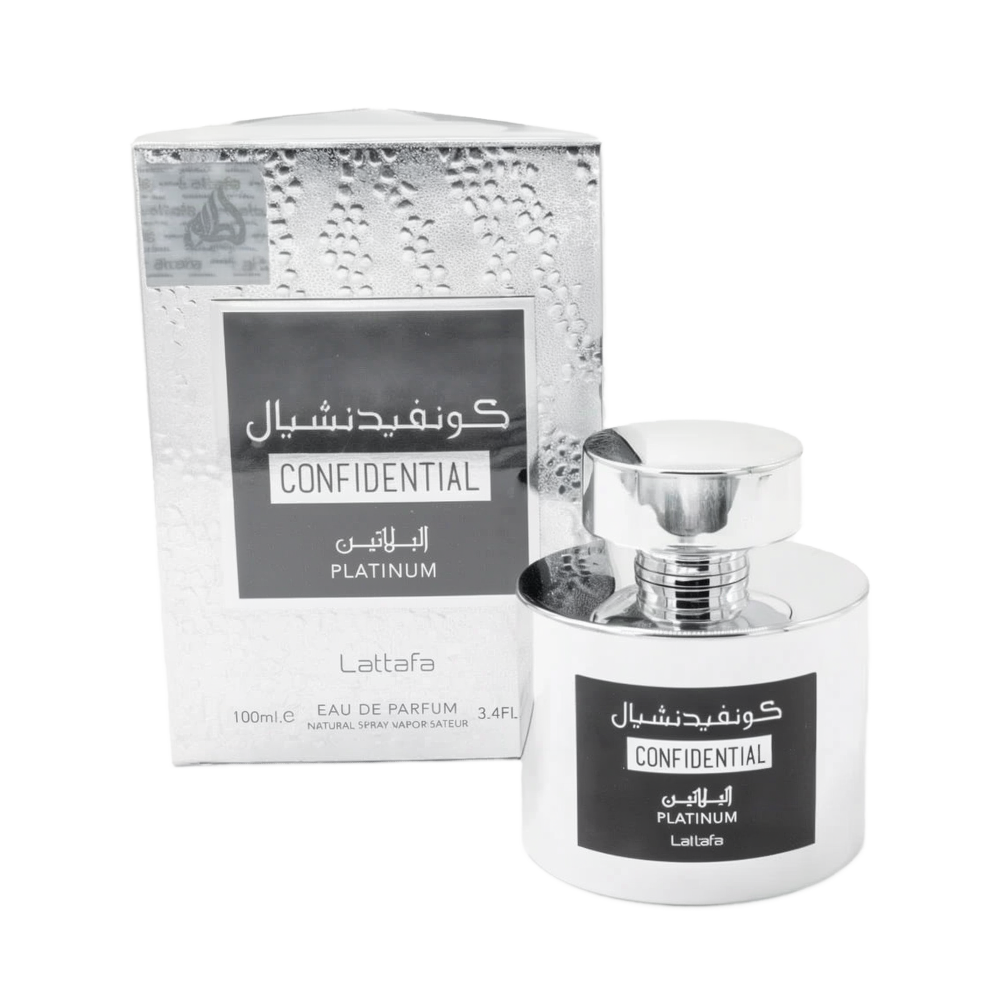 The image shows a shiny, metallic silver perfume bottle from Lattafa with the name "Confidential Platinum" written in both Arabic and English. The bottle has a round shape with a large, cylindrical cap that mirrors the silver finish. The packaging box, al