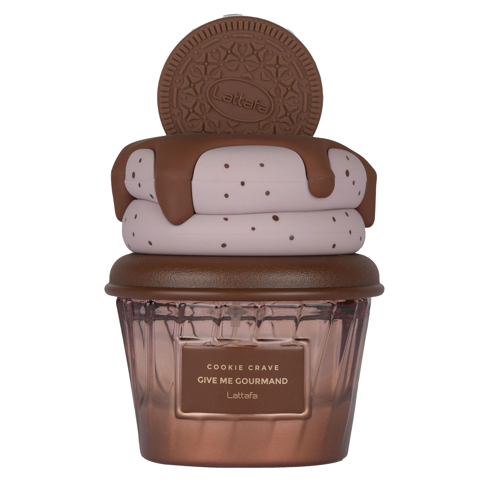 Cookie Crave Give Me Gourmand Lattafa bottle shaped like a dessert jar with cookie and chocolate details on top.