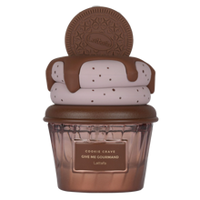 Cookie Crave Give Me Gourmand Lattafa bottle shaped like a dessert jar with cookie and chocolate details on top.