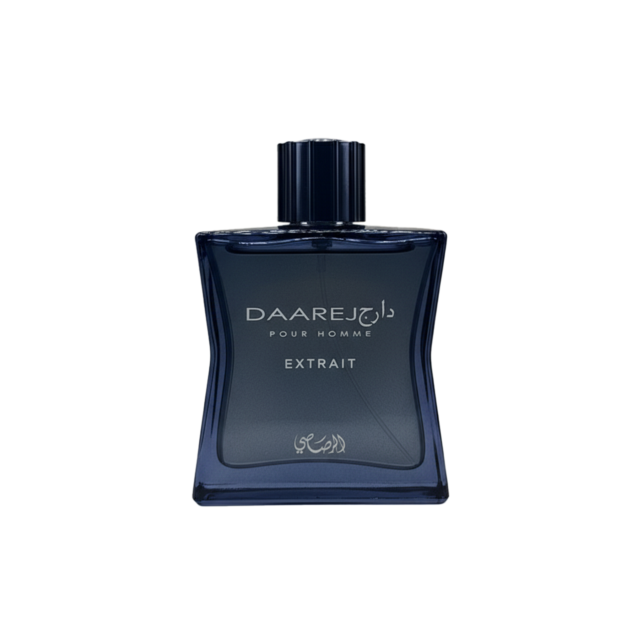 Daarej Pour Homme Extrait perfume bottle in dark blue glass with minimalist silver lettering.