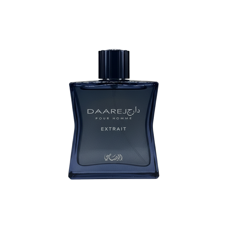 Daarej Pour Homme Extrait perfume bottle in dark blue glass with minimalist silver lettering.