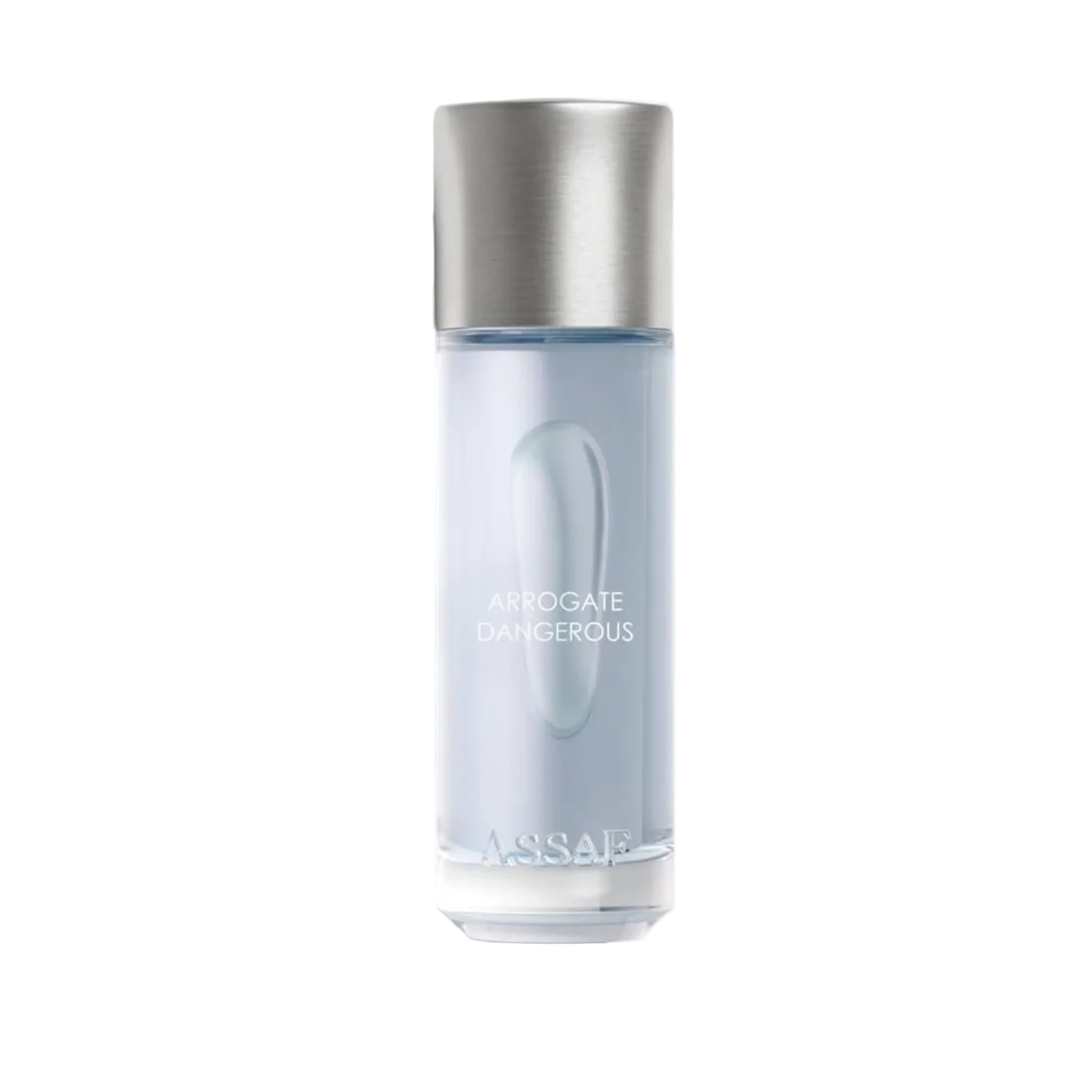 Assaf Arrogate Dangerous perfume bottle with a clear frosted glass body, subtle oval detail, and a silver cap.