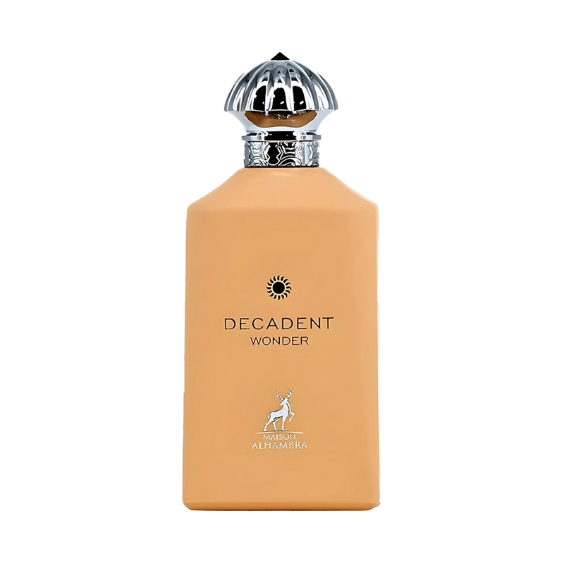 Maison Alhambra Decadent Wonder perfume bottle in matte beige with silver dome cap.