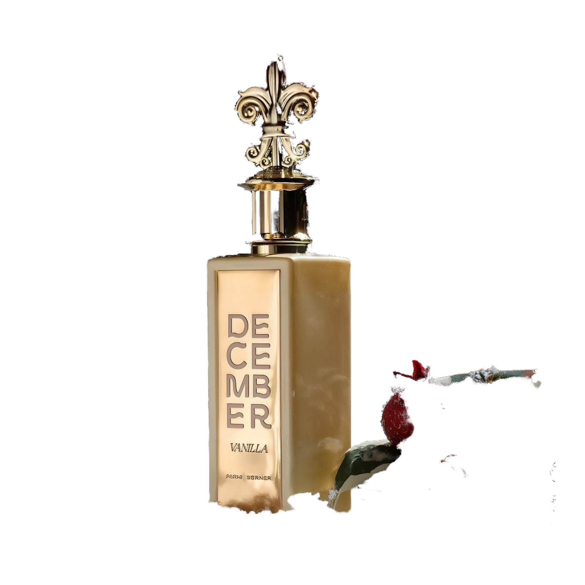 A luxurious perfume bottle standing upright on a snowy surface. The bottle is golden, with the name "December Vanilla" engraved vertically on the front. It features a decorative gold 