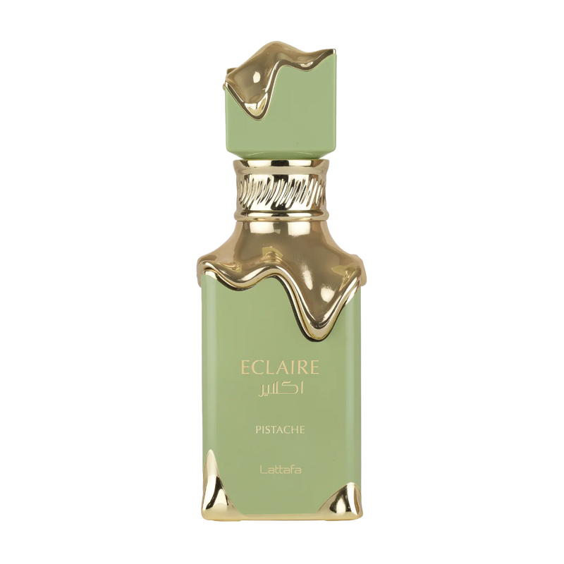 Green Lattafa Eclaire Pistache perfume bottle with gold molten-style cap and accents.