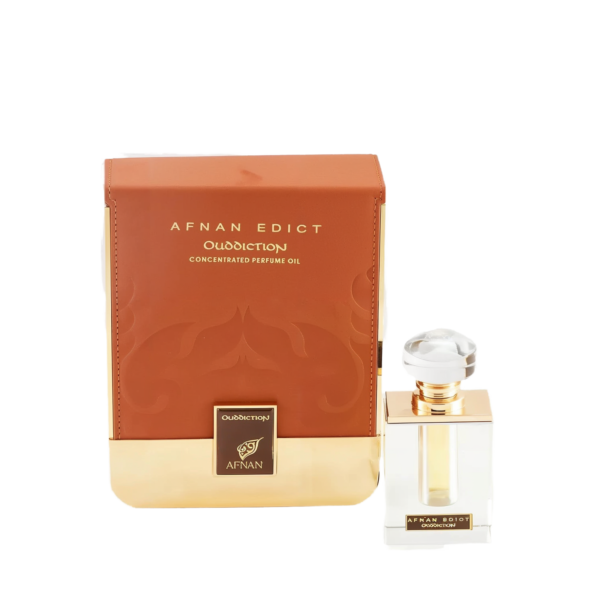 The image shows a perfume product consisting of a rectangular glass bottle and its packaging. The bottle, placed to the right, has a clear liquid with a golden neck and a large, transparent, faceted cap. On its front, there's a label with "AFNAN EDICT Ouddiction" in black letters on a gold background. To the left is the box, in a gradient of brown to gold with a subtle paisley design, and it reads "AFNAN EDICT Ouddiction CONCENTRATED PERFUME OIL" in gold embossed letters. 