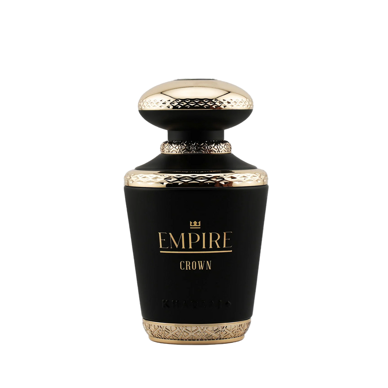Khadlaj Empire Crown fragrance bottle in matte black and gold, featuring intricate patterns on the cap and base, studio shot.