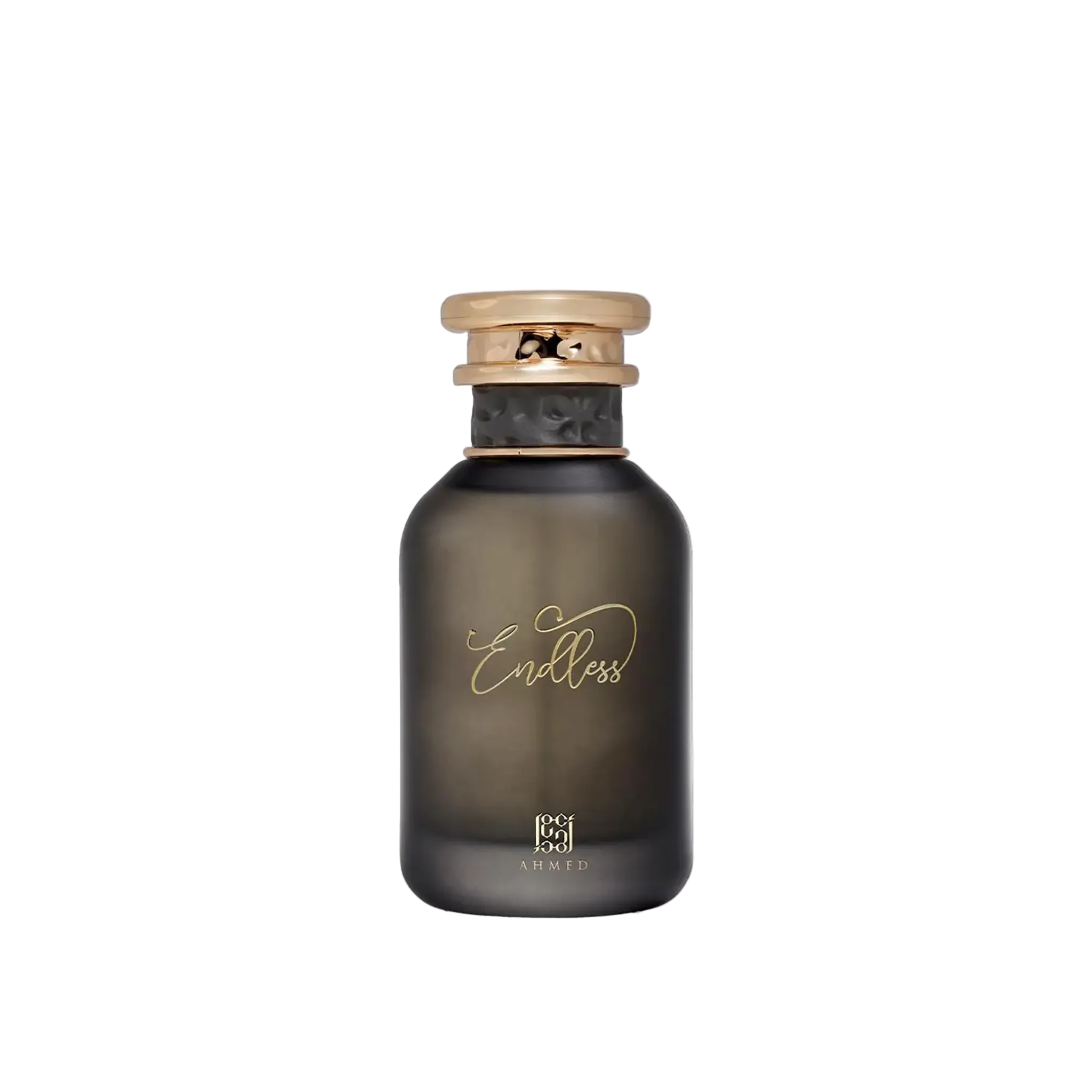 Endless by Ahmed perfume bottle featuring a matte black rounded glass design with gold script, a textured black band, and a gold cap.