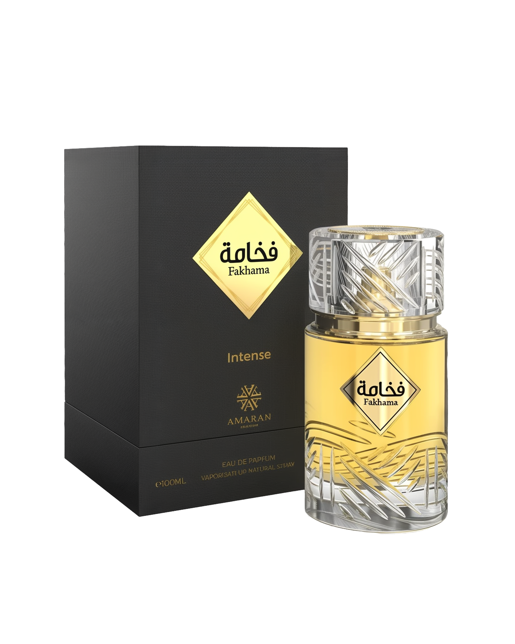 Fakhama Intense by Amaran in a clear etched glass bottle with gold accents, shown beside a black and gold box.