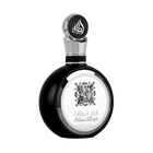 A sleek black perfume bottle with a silver cap and intricate detailing. The cap is adorned with stylized Arabic calligraphy that reads "Lattafa." The central part of the bottle features a silver emblem of an ornate flower, encircled by a rope-like border with the text "Fakhar Lattafa" beneath it. The design elements give the product a luxurious and masculine appeal.