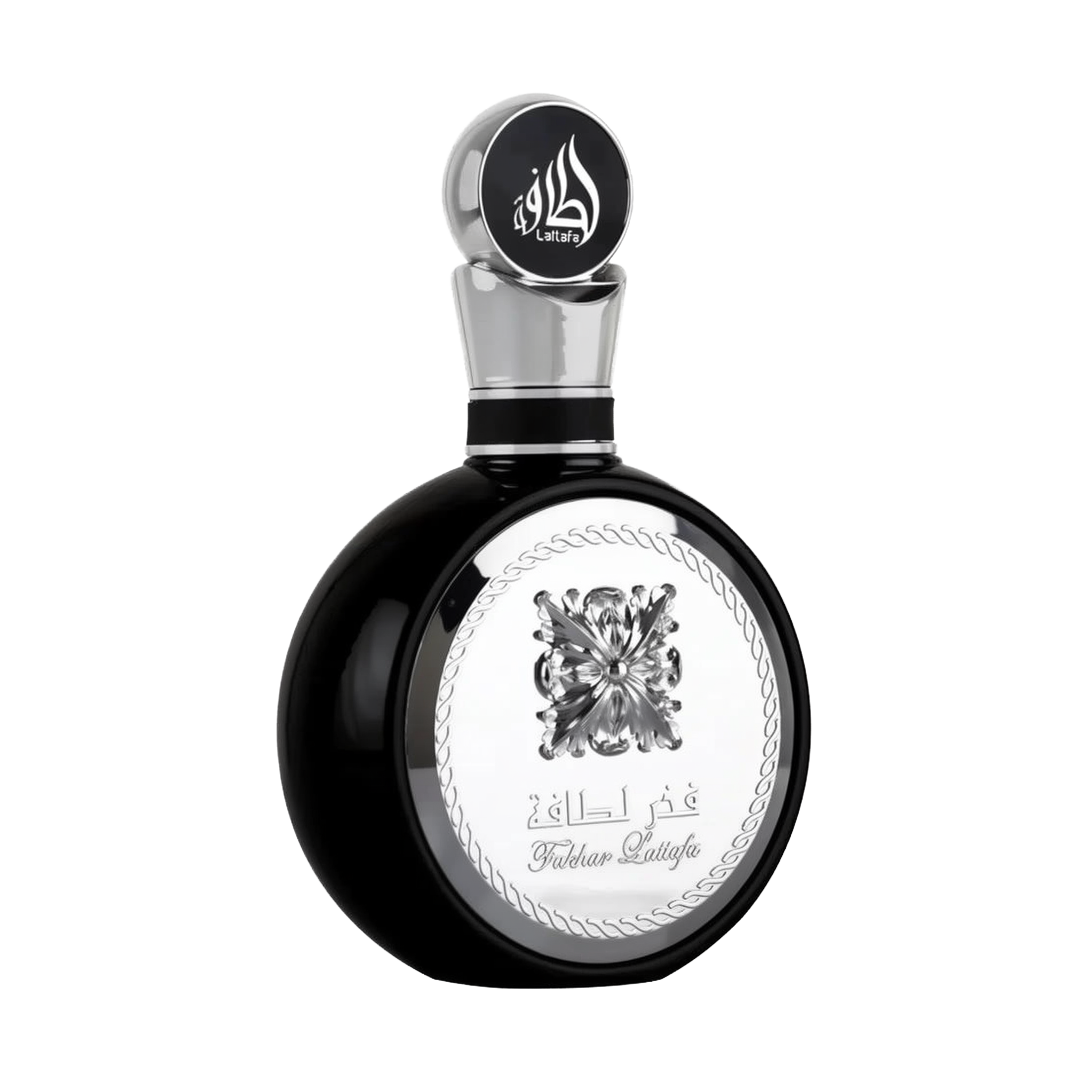 A sleek black perfume bottle with a silver cap and intricate detailing. The cap is adorned with stylized Arabic calligraphy that reads "Lattafa." The central part of the bottle features a silver emblem of an ornate flower, encircled by a rope-like border with the text "Fakhar Lattafa" beneath it. The design elements give the product a luxurious and masculine appeal.