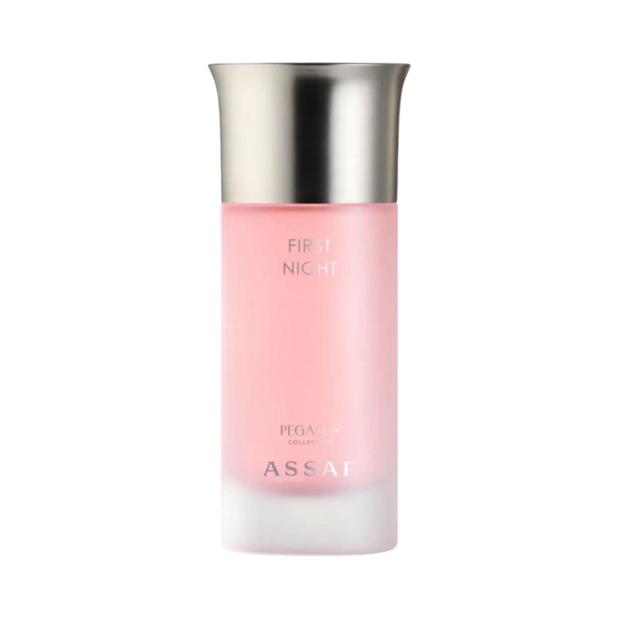 Assaf First Night perfume bottle with a frosted pink glass body, gradient finish and a brushed silver cap.