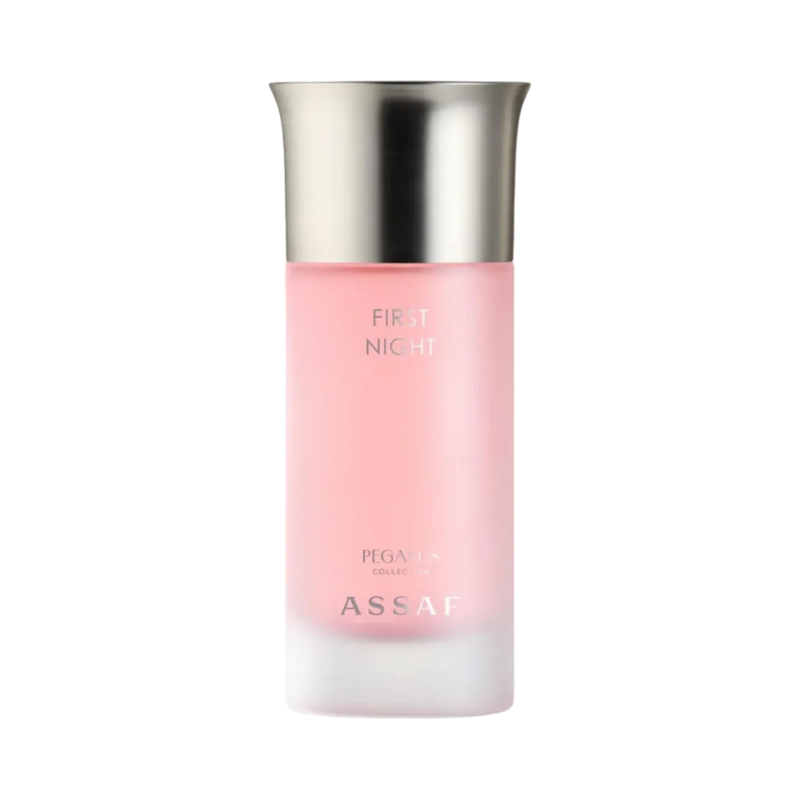 Assaf First Night perfume bottle with a frosted pink glass body, gradient finish and a brushed silver cap.