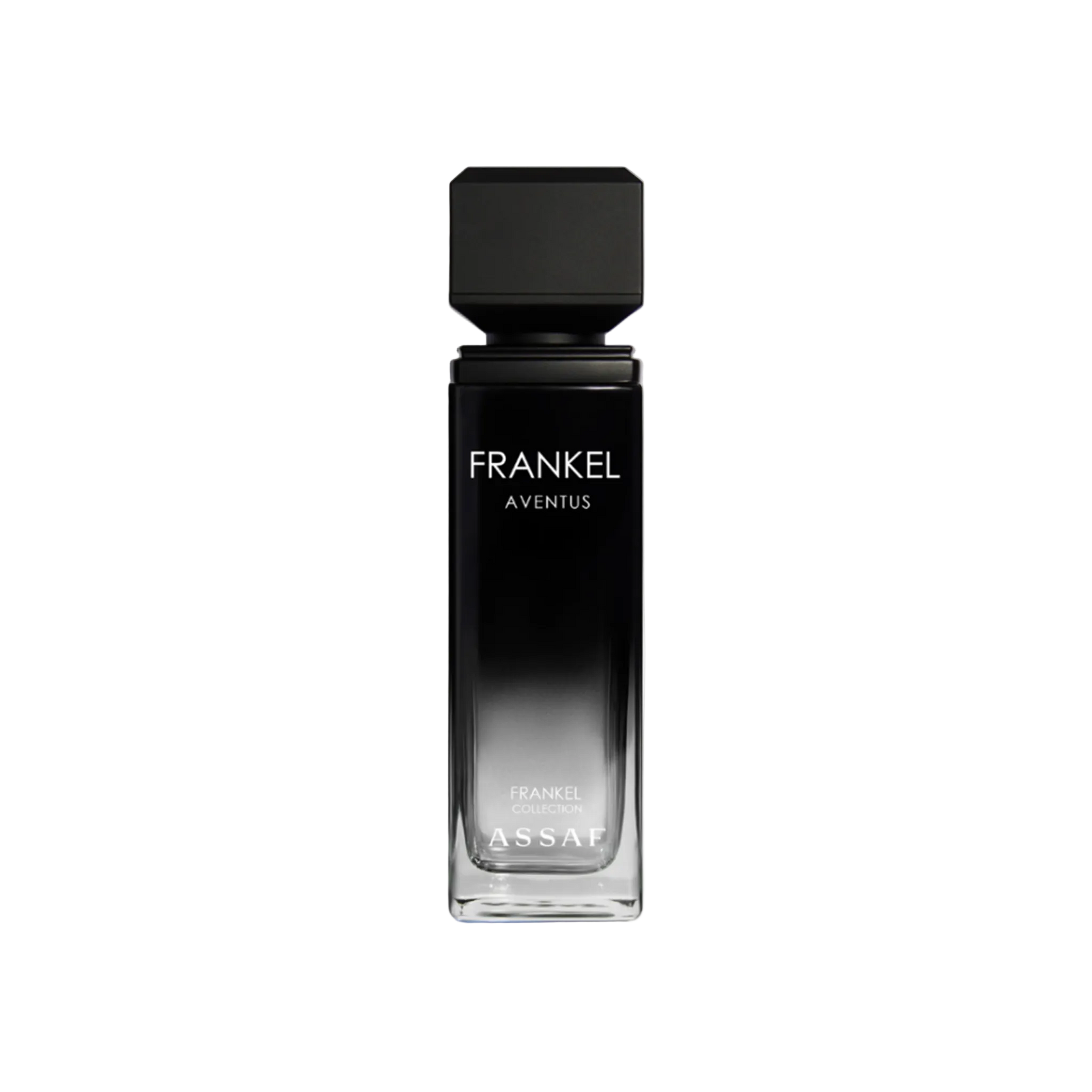 Assaf Frankel Aventus perfume bottle in black gradient glass with a square black cap.