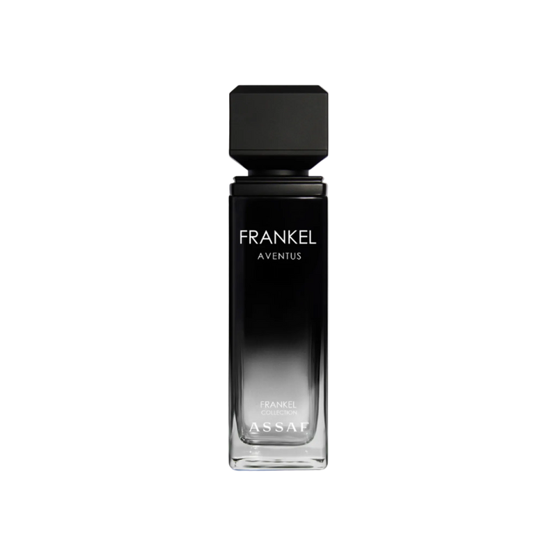 Assaf Frankel Aventus perfume bottle in black gradient glass with a square black cap.