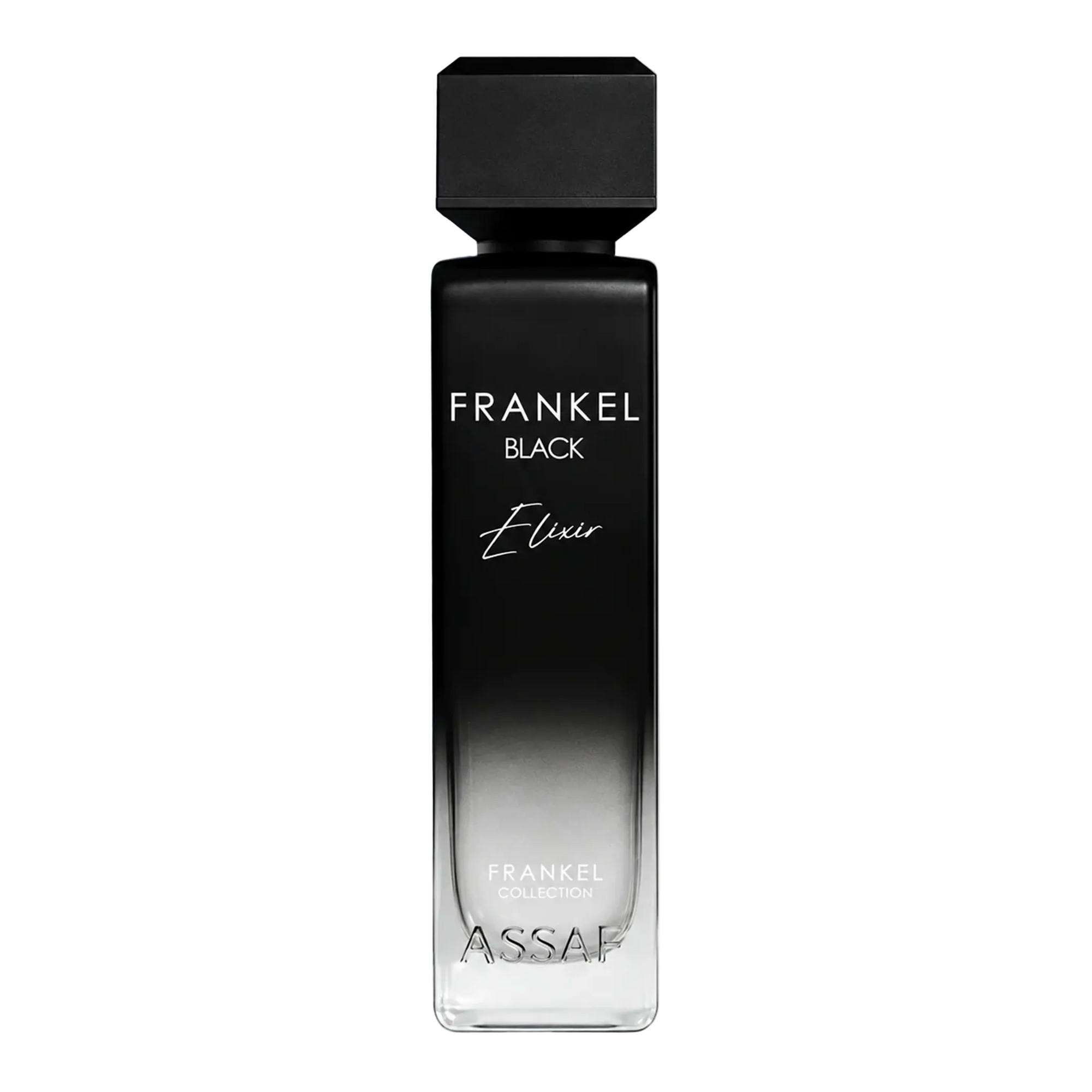 Assaf Frankel Black Elixir perfume bottle in matte black with a modern square cap and gradient glass base.