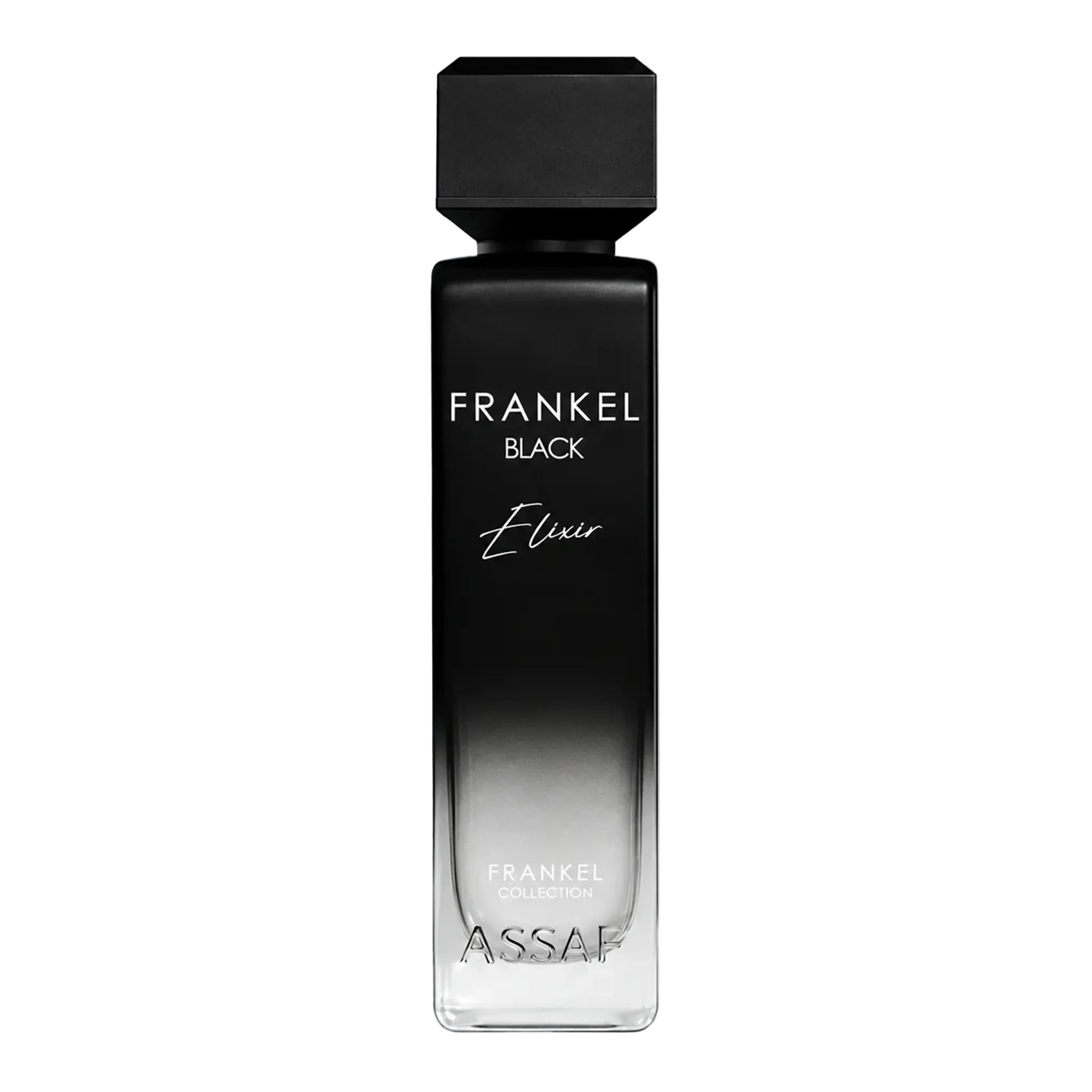 Assaf Frankel Black Elixir perfume bottle in matte black with a modern square cap and gradient glass base.