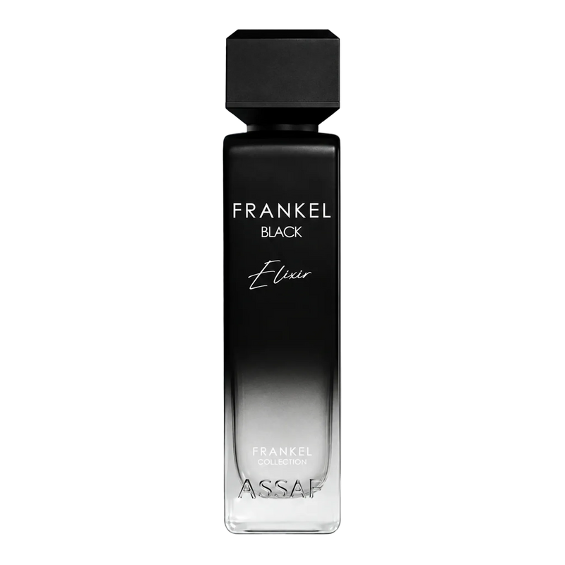 Assaf Frankel Black Elixir perfume bottle in matte black with a modern square cap and gradient glass base.