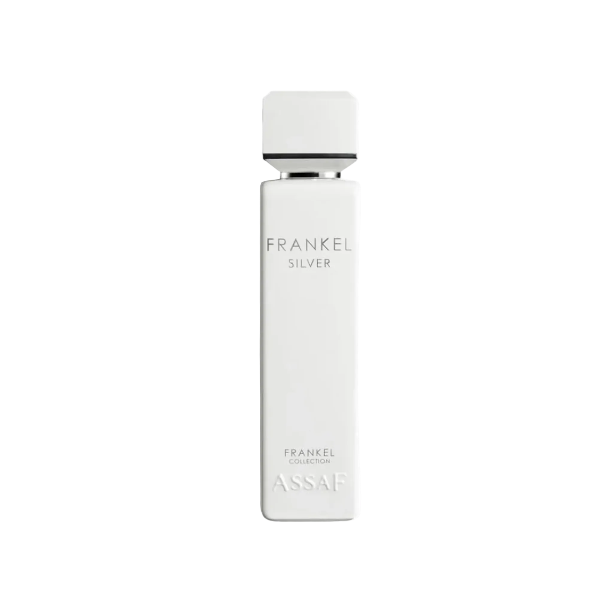 Assaf Frankel Silver perfume bottle with a tall white rectangular design, matching square cap with silver accent ring.