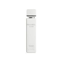 Assaf Frankel Silver perfume bottle with a tall white rectangular design, matching square cap with silver accent ring.