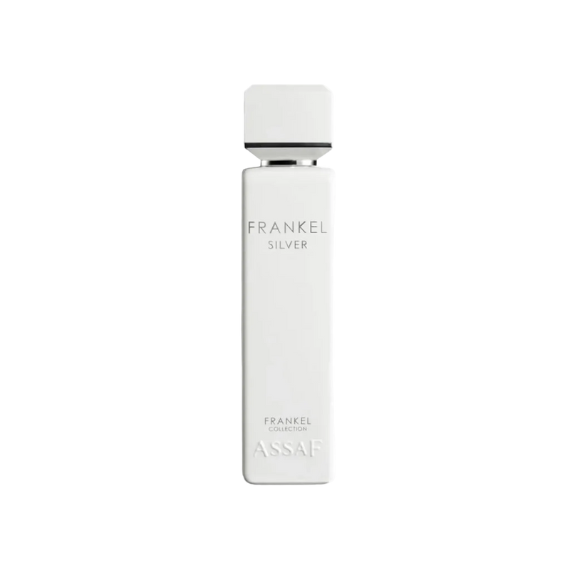 Assaf Frankel Silver perfume bottle with a tall white rectangular design, matching square cap with silver accent ring.