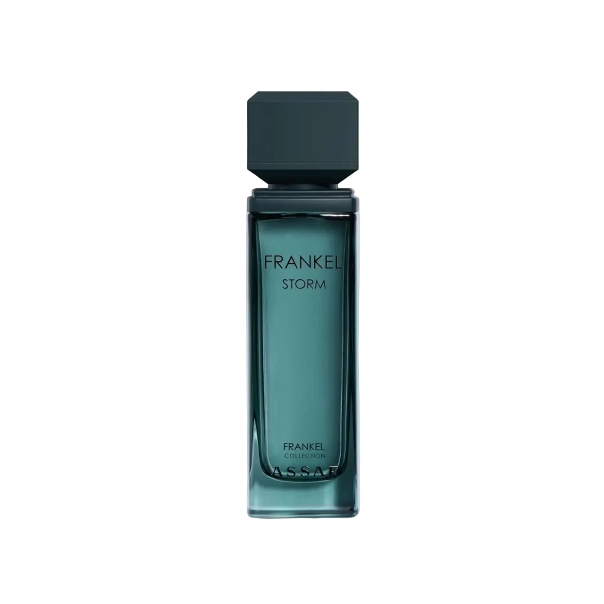 Assaf Frankel Storm perfume bottle in teal glass with a modern square black cap.