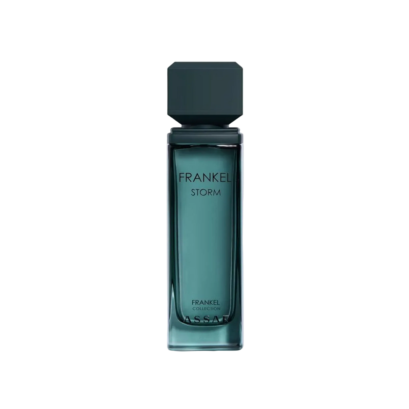 Assaf Frankel Storm perfume bottle in teal glass with a modern square black cap.