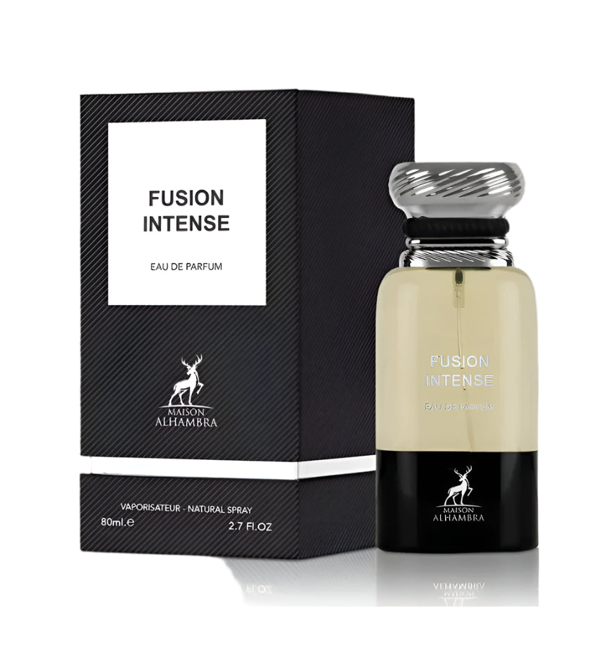 A black rectangular box labeled ‘Fusion Intense Eau De Parfum’ by Maison Alhambra, shown beside a cylindrical perfume bottle with a silver swirl cap, pale yellow liquid, and a black base.